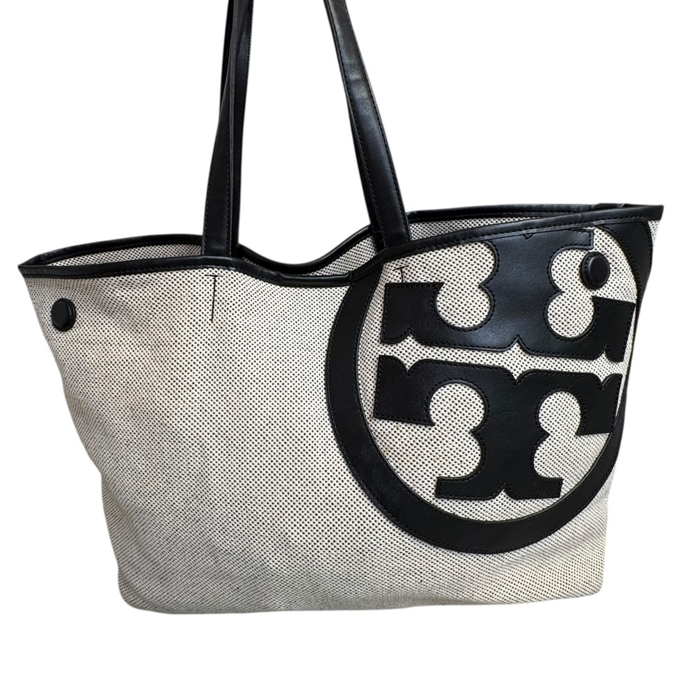 Tory Burch Lonnie canvas and black leather logo tote bag